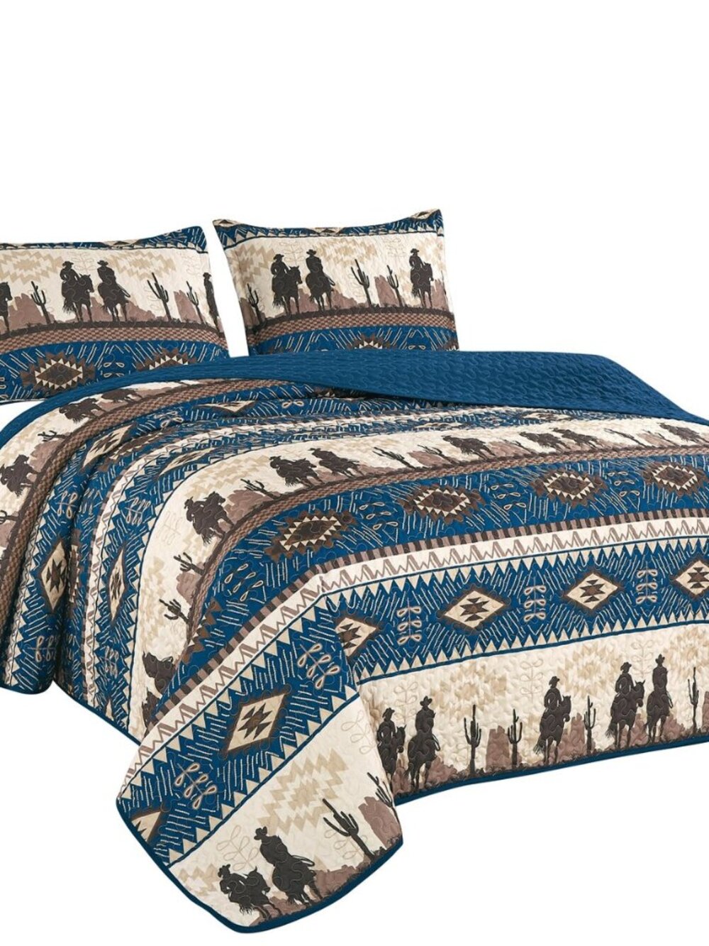 Western Beige/Navy Blue Cowboy Desert Southwestern Print Bedspread 3 Piece west